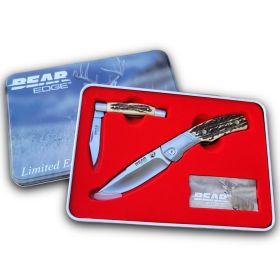 Bear & Son Limited Edition Gift Tin Two Folding Knife Combo Set Stag Delrin